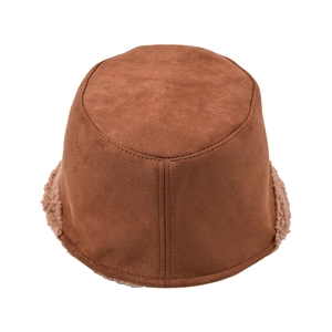 Detail of faux suede texture and fleece lining on a brown winter bucket hat