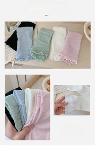 Detail of five-color breathable mesh knit leg warmers with ruffle cuffs and textures