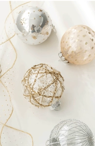 Close-up of 8cm Christmas baubles with sequins, glitter mesh and elegant beadwork