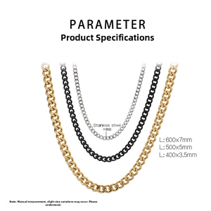 Specifications of stainless steel Cuban link chains in gold, black, and silver finishes