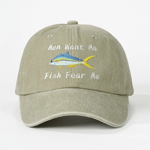 Vintage olive green washed cotton baseball cap with Fish Fear Me embroidery art