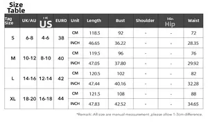Detailed size guide table for women's summer vacation dress with international measurements