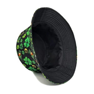St. Patrick's Day bucket hat featuring shamrock leprechaun and golden horseshoe prints