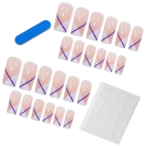 French white and nude square press-on nails set with purple line details and tools