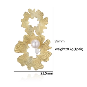 French vintage 18K gold plated jasmine flower earrings with pearl inlay and stripe details
