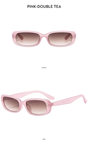 Front and side view of pink rectangle sunglasses with gradient tea lenses and heart studs