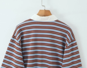 Detail of the blue and brown striped knit sweater with a contrasting white polo collar