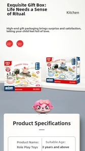 Detailed view of kitchen toy set packaging in pink and blue colors for kids