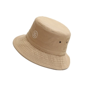 Khaki cotton bucket hat with white S letter embroidery in a side-view 45-degree angle