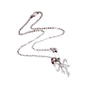 Silver paperclip necklace with a sparkling zircon bow pendant on a clean white background