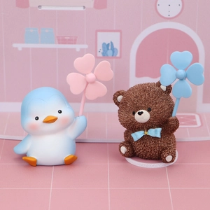 Cute penguin and bear figurines with windmills for car dashboard or desk decoration