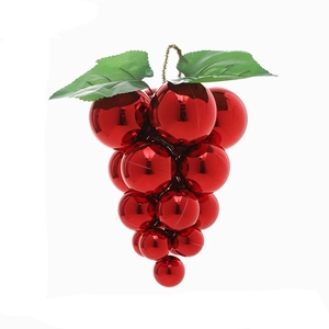 Glossy red grape-shaped Christmas ball ornament with green leaves and golden hanging cord