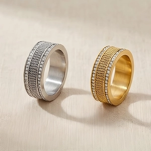 Stainless Steel Ring Woven Mesh Texture Sparkling Rhinestone Wide Band Punk Unisex Fashion Finger Jewelry