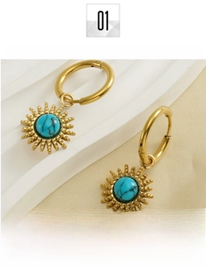 Detail view of 18K gold plated titanium sunburst earrings with turquoise stone
