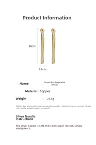Detail specifications of golden tassel earrings with dimensions 10cm by 1.2cm