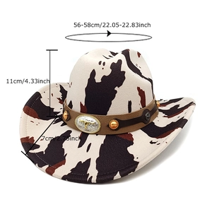 Western cowboy hat with cow print pattern, brown leather band and silver buckle