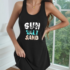 Damen Ärmelloses Nachthemd Schwarz Weiches Polyester Sommer Schlafshirt Sun Salt Sand Buchstaben Druck Lässiges Chemise