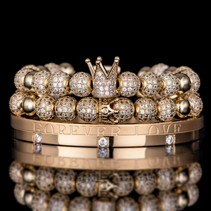 Luxury Crown Bead Bracelet And Forever Love Engraved Bangle Stainless Steel Zircon Rhinestone Jewelry For Couples Fashion