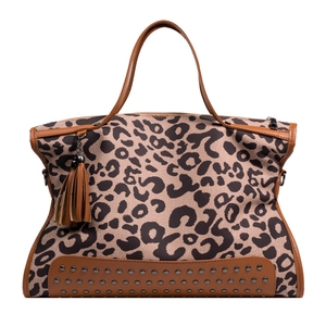 Detail of leopard print tote bag with metallic studs and brown leather fringe charm
