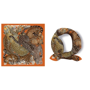French vintage orange silk scarf with leopard print and Paris branding for women