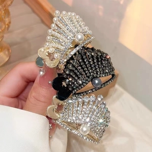Elegant rhinestone crown hair claw clips with pearls in gold, silver, and black finish