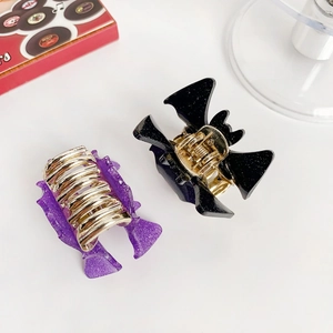 Halloween bat hair claws in glitter purple and black acrylic with gold metal springs