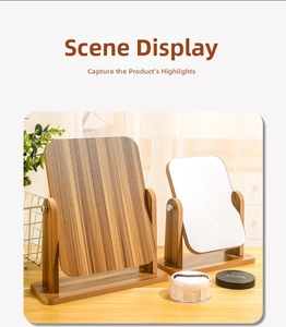 Detail of rotating wooden makeup mirror with walnut finish and stable rectangular base