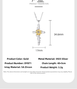 Detail view of S925 silver cross necklace with gold flower, dimensions, and specifications