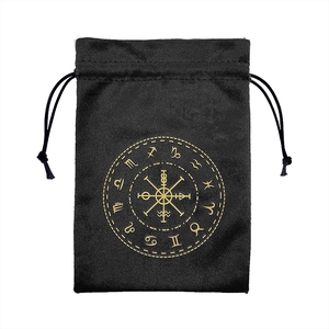 Thick velvet 13x18cm drawstring tarot bag with gold zodiac and mystic rune symbols