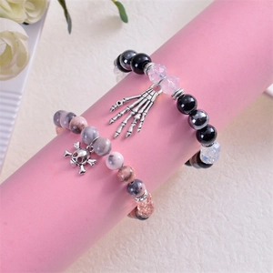 Punk style skull charm beaded bracelets set with natural stone for Halloween jewelry gift