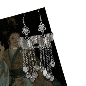 Silver hollow butterfly flower tassel drop earrings with ethnic vintage style design
