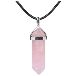 Macro detail of hexagonal rose quartz crystal pendant with silver metal bail on black cord