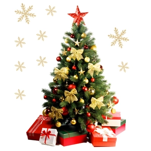 Detail of Christmas tree decals with red gift boxes and gold stars for window decor