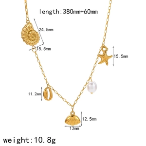Golden stainless steel beach necklace with shells, starfish, pearl and size parameters