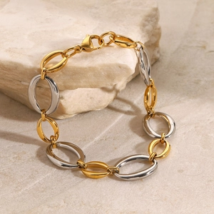 Two-tone gold and silver stainless steel oval link chain bracelet with lobster clasp
