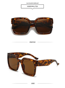 Detail view of square hawksbill sunglasses with tea lenses from front and side angles