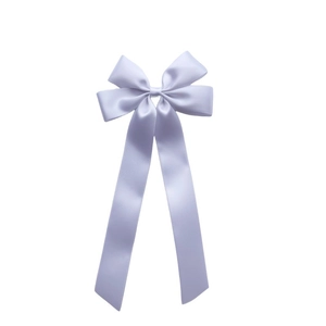Detailed view of light purple satin ribbon bow with long streamers for girls hair decor