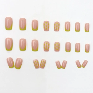 French tip avocado green heart press-on nails set with glossy square finish in 24 pieces