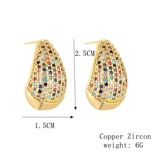 Detailed size map of gold teardrop earrings with multi-color zircon in copper metal
