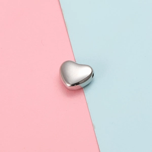 Polished silver heart-shaped stainless steel bead charm with hole for jewelry making