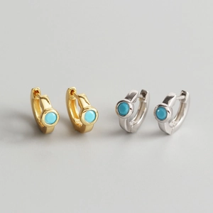 Detail showing S925 sterling silver hoop earrings with round blue turquoise stones
