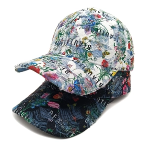 Ethnic distressed floral baseball caps with butterfly prints and frayed vintage edge
