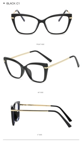 Three-angle view of black cat-eye glasses with metal temples and TR90 frames