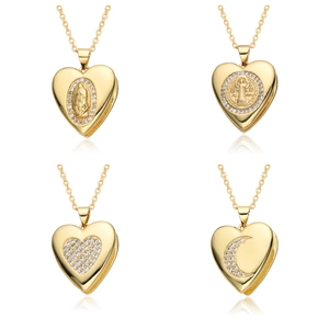 Heart Locket Necklace Copper Gold Plated Religious Virgin Mary Saint Benedict Pendant Rhinestone Micro Pave For Women