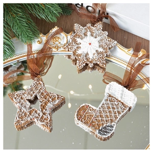 Detailed Christmas gingerbread ornaments on vintage tray with warm festive lighting decor