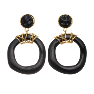 Exaggerated black resin geometric drop earrings with gold metallic wire accents
