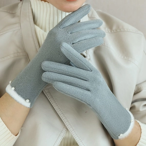 Gray suede winter gloves for women with faux fur cuffs and pearl accents, touch screen ready