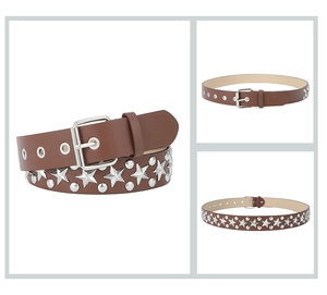 Detailed macro view of brown faux leather belt with silver star studs and pin buckle