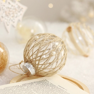 8cm transparent PET Christmas ball with hemp rope wrap and pearls on festive background