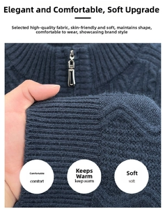 Detail of navy cable-knit sweater featuring metallic zipper and ribbed cuffs for men
